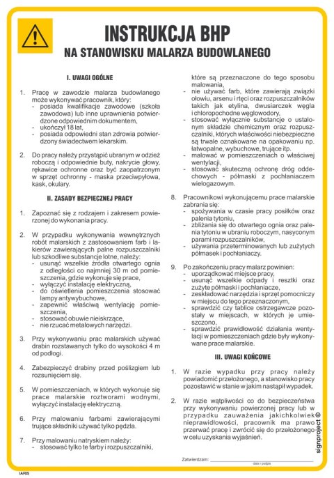 IAF05 Instrukcja BHP na stanowisku malarza budowlanego, 245x350 mm, HN - Płyta TD-flex 0,4mm