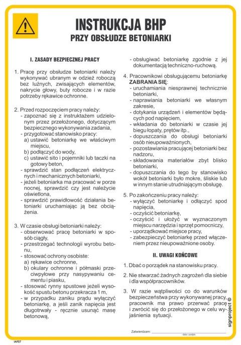 IAF07 Instrukcja BHP przy obsłudze betoniarki, 245x350 mm, FN - Folia samoprzylepna IAF07 Instrukcja BHP przy obsłudze betoniarki, 245x350 mm, FN - Folia samoprzylepna