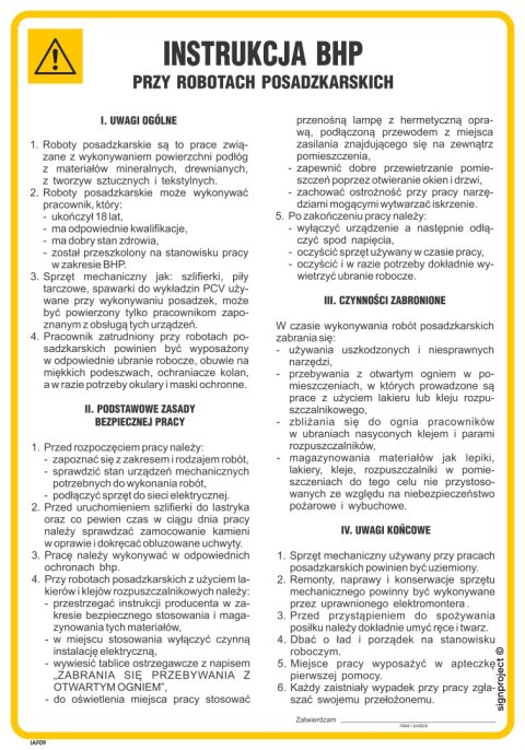 IAF09 Instrukcja BHP przy robotach posadzkarskich, 245x350 mm, HN - Płyta TD-flex 0,4mm