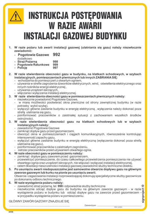IAF20 Instrukcja BHP postępowania w razie awarii instalacji gazowej budynku, 245x350 mm, HN - Płyta TD-flex 0,4mm IAF20 Instrukcja BHP postępowania w razie awarii instalacji gazowej budynku, 245x350 mm, HN - Płyta TD-flex 0,4mm