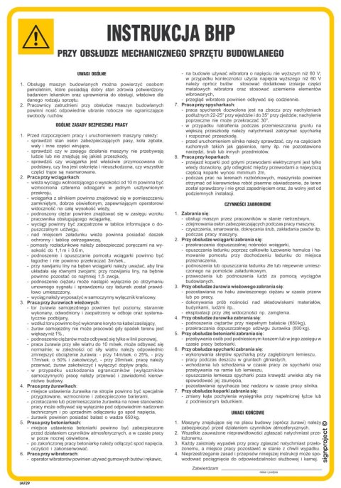 IAF29 Instrukcja BHP przy obsłudze mechanicznego sprzętu budowlanego, 245x350 mm, PN - Płyta 1 mm
