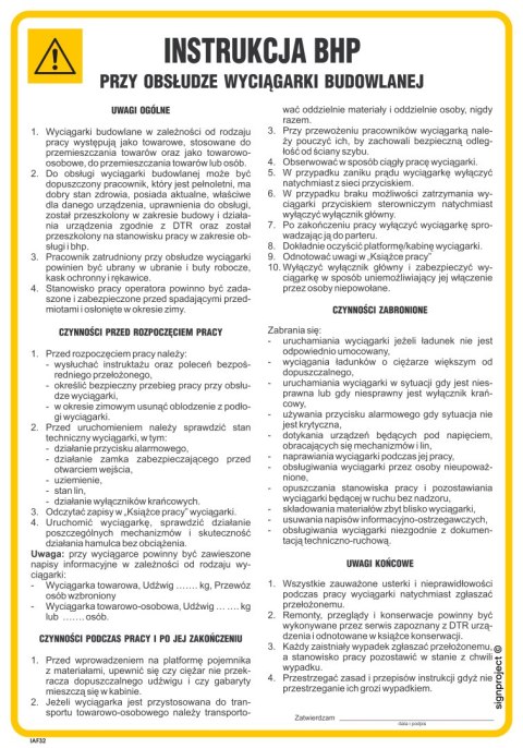 IAF32 Instrukcja BHP przy obsłudze wyciągarki budowlanej, 245x350 mm, PN - Płyta 1 mm IAF32 Instrukcja BHP przy obsłudze wyciągarki budowlanej, 245x350 mm, PN - Płyta 1 mm