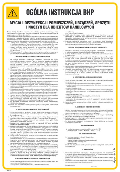 IAG11 Ogólna instrukcja BHP mycia i denzynfekcji pomieszczeń, urządzeń, sprzętu i naczyń dla obiektów handlowych, 245x350 m IAG11 Ogólna instrukcja BHP mycia i denzynfekcji pomieszczeń, urządzeń, sprzętu i naczyń dla obiektów handlowych, 245x350 m