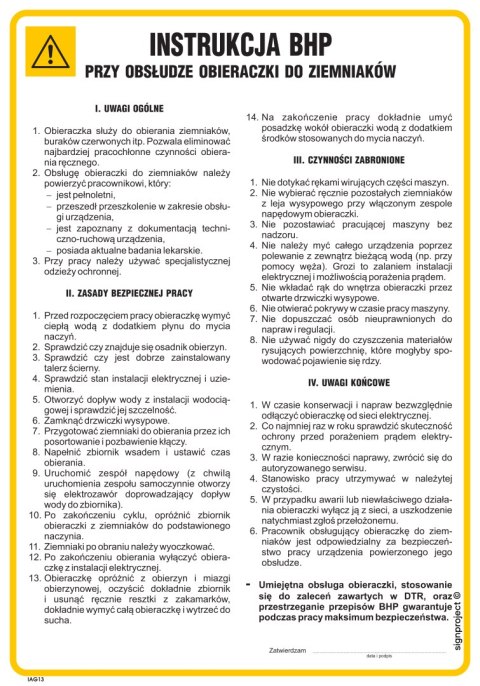 Znak IAG13 lnstrukcja BHP przy obsłudze obieraczki do ziemniaków, 245x350 mm, PN - Płyta 1 mm Znak IAG13 lnstrukcja BHP przy obsłudze obieraczki do ziemniaków, 245x350 mm, PN - Płyta 1 mm