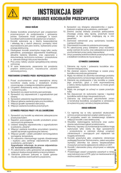 Znak IAG16 lnstrukcja BHP przy obsłudze kociołków przechylnych, 245x350 mm, PN - Płyta 1 mm Znak IAG16 lnstrukcja BHP przy obsłudze kociołków przechylnych, 245x350 mm, PN - Płyta 1 mm