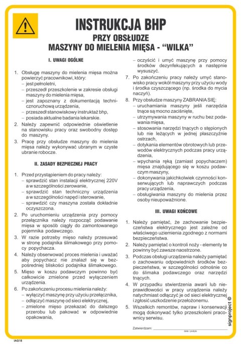 Znak IAG18 lnstrukcja BHP przy obsłudze maszyny do mielenia mięsa - Wilk, 245x350 mm, FN - Folia samoprzylepna Znak IAG18 lnstrukcja BHP przy obsłudze maszyny do mielenia mięsa - Wilk, 245x350 mm, FN - Folia samoprzylepna