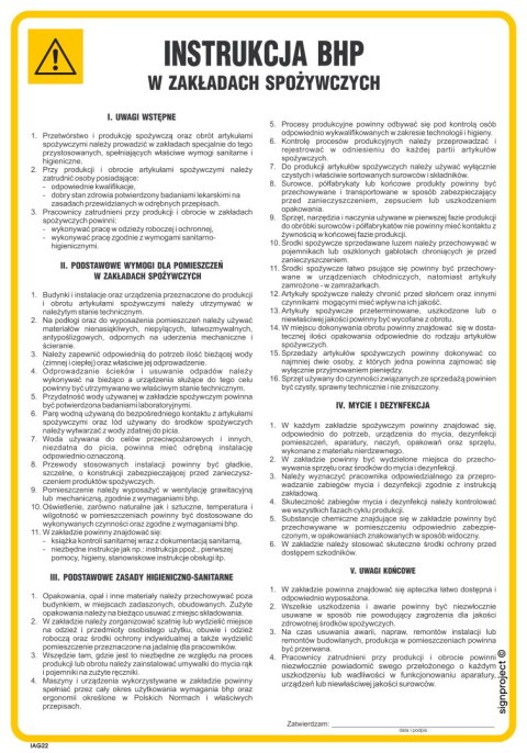 IAG22 Instrukcja BHP w zakładach spożywczych, 245x350 mm, FN - Folia samoprzylepna IAG22 Instrukcja BHP w zakładach spożywczych, 245x350 mm, FN - Folia samoprzylepna