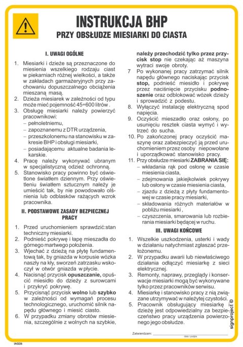 IAG26 Instrukcja BHP przy obsłudze miesiarki do ciasta, 245x350 mm, FN - Folia samoprzylepna