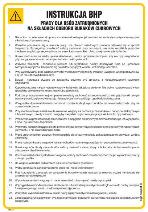 IAG42 Instrukcja BHP dla osób zatrudnionych na składach odbioru buraków cukrowych, 245x350 mm, PN - Płyta 1 mm IAG42 Instrukcja BHP dla osób zatrudnionych na składach odbioru buraków cukrowych, 245x350 mm, PN - Płyta 1 mm