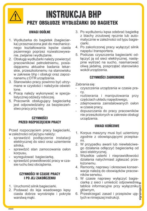 IAG43 Instrukcja BHP przy obsłudze wydłużarki do bagietek, 245x350 mm, PN - Płyta 1 mm