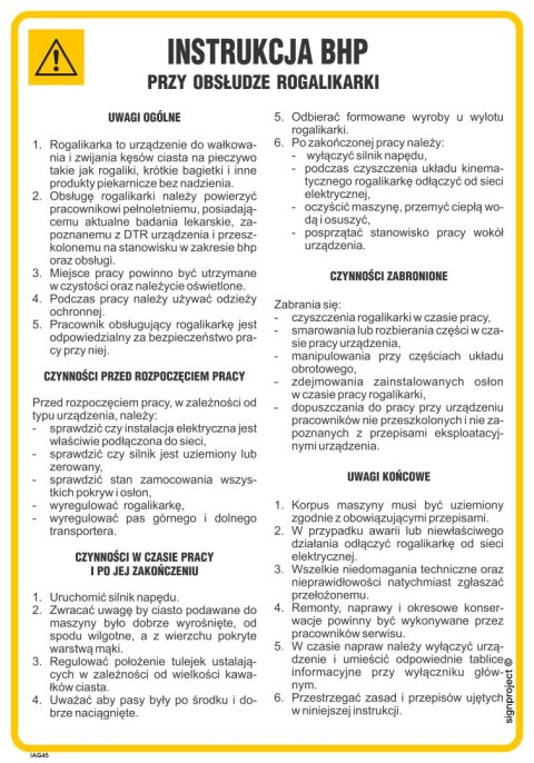 IAG45 Instrukcja BHP przy obsłudze rogalikarki, 245x350 mm, PN - Płyta 1 mm IAG45 Instrukcja BHP przy obsłudze rogalikarki, 245x350 mm, PN - Płyta 1 mm