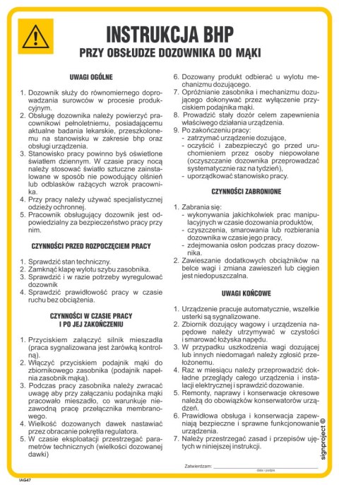IAG47 Instrukcja BHP przy obsłudze dozownika do mąki, 245x350 mm, PN - Płyta 1 mm IAG47 Instrukcja BHP przy obsłudze dozownika do mąki, 245x350 mm, PN - Płyta 1 mm