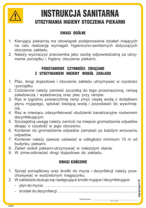 IAG50 Instrukcja sanitarna utrzymania higieny otoczenia piekarni, 245x350 mm, PN - Płyta 1 mm IAG50 Instrukcja sanitarna utrzymania higieny otoczenia piekarni, 245x350 mm, PN - Płyta 1 mm