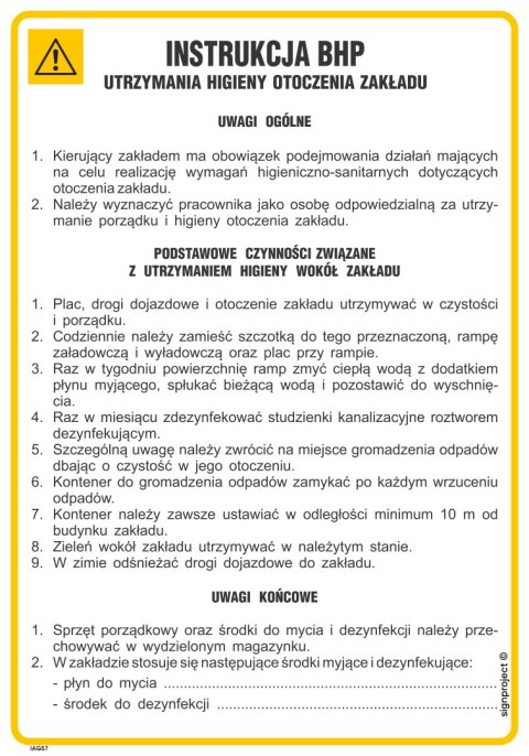 IAG57 Instrukcja BHP utrzymania higieny otoczenia zakładu, 245x350 mm, PN - Płyta 1 mm IAG57 Instrukcja BHP utrzymania higieny otoczenia zakładu, 245x350 mm, PN - Płyta 1 mm