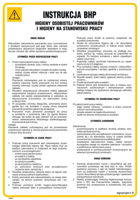 IAG61 Instrukcja BHP higieny osobistej pracowników i higieny na stanowisku pracy, 245x350 mm, PN - Płyta 1 mm IAG61 Instrukcja BHP higieny osobistej pracowników i higieny na stanowisku pracy, 245x350 mm, PN - Płyta 1 mm