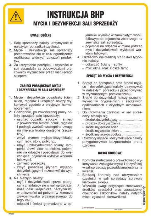IAG65 Instrukcja BHP mycia i dezynfekcji sali sprzedaży, 245x350 mm, PN - Płyta 1 mm IAG65 Instrukcja BHP mycia i dezynfekcji sali sprzedaży, 245x350 mm, PN - Płyta 1 mm