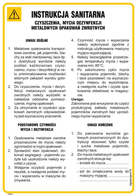 IAG66 Instrukcja BHP czyszczenia mycia i dezynfekcji metalowych opakowań zwrotnych, 245x350 mm, FN - Folia samoprzylepna IAG66 Instrukcja BHP czyszczenia mycia i dezynfekcji metalowych opakowań zwrotnych, 245x350 mm, FN - Folia samoprzylepna