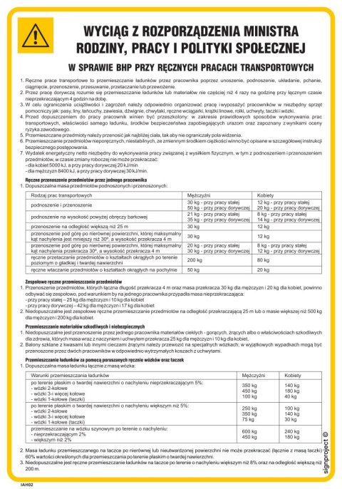Znak IAH03 Wyciąg w sprawie BHP przy ręcznym dźwiganiu i przenoszeniu ciężarów, 245x350 mm, PN - Płyta 1 mm Znak IAH03 Wyciąg w sprawie BHP przy ręcznym dźwiganiu i przenoszeniu ciężarów, 245x350 mm, PN - Płyta 1 mm