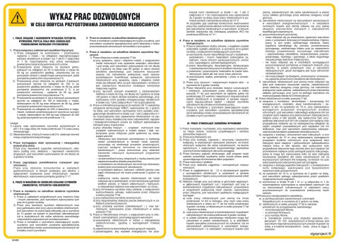 Znak IAH04 Wykaz prac dozwolonych w celu odbycia przygotowania zawodowego młodocianych, 490x350 mm, HN - Płyta TD-flex 0,4mm Znak IAH04 Wykaz prac dozwolonych w celu odbycia przygotowania zawodowego młodocianych, 490x350 mm, HN - Płyta TD-flex 0,4mm