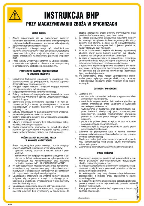 IAI03 Instrukcja BHP przy magazynowaniu zboża w spichrzach, 245x350 mm, PN - Płyta 1 mm IAI03 Instrukcja BHP przy magazynowaniu zboża w spichrzach, 245x350 mm, PN - Płyta 1 mm