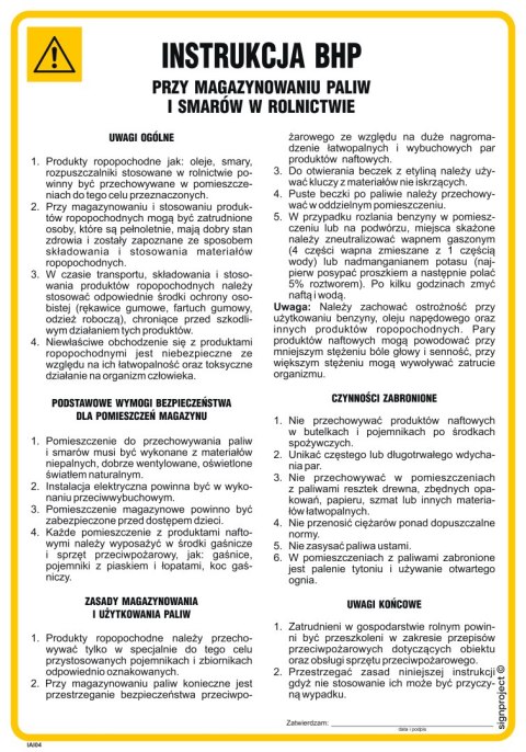 IAI04 Instrukcja BHP przy magazynowaniu paliw i smarów w rolnictwie, 245x350 mm, PN - Płyta 1 mm IAI04 Instrukcja BHP przy magazynowaniu paliw i smarów w rolnictwie, 245x350 mm, PN - Płyta 1 mm