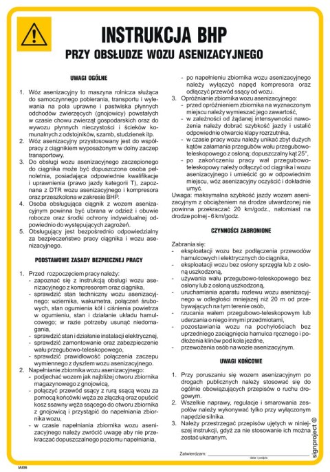 IAI06 Instrukcja BHP przy obsłudze wozu asenizacyjnego, 245x350 mm, PN - Płyta 1 mm IAI06 Instrukcja BHP przy obsłudze wozu asenizacyjnego, 245x350 mm, PN - Płyta 1 mm
