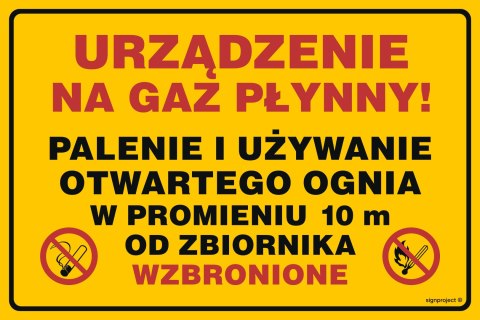 Znak JD053 Urządzenie na gaz płynny! Palenie i używanie otwartego ognia w pr. 10 m od zbiornika wzbronione, 800x600 mm, FN - Fol Znak JD053 Urządzenie na gaz płynny! Palenie i używanie otwartego ognia w pr. 10 m od zbiornika wzbronione, 800x600 mm, FN - Fol