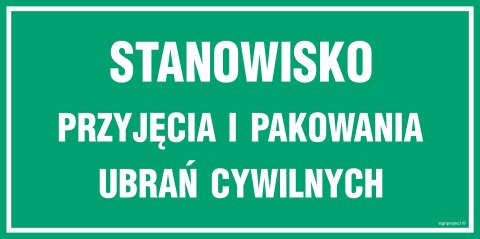 Znak JE020 Stanowisko przyjęcia i pakowania ubrań cywilnych, 300x150 mm, PN - Płyta 1 mm Znak JE020 Stanowisko przyjęcia i pakowania ubrań cywilnych, 300x150 mm, PN - Płyta 1 mm
