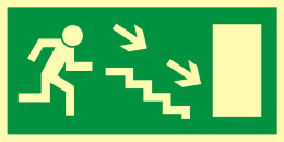 Kierunek do wyjścia drogi ewakuacyjnej schodami w dół w prawo, 10x20 cm, SYSTEM TD