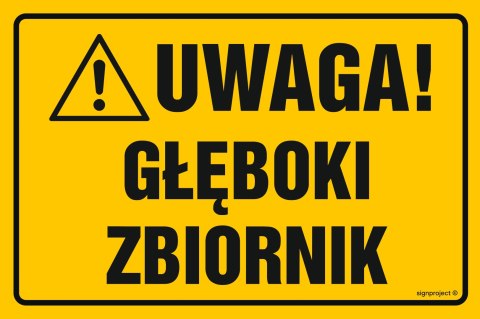 Znak NC082 Uwaga głęboki zbiornik, 450x300 mm, BN - Płyta żółta 0,6mm