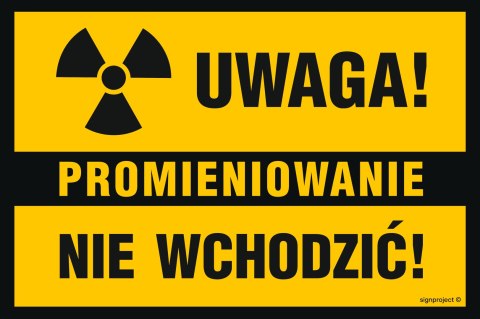 Znak NC110 Uwaga Promieniowanie Nie wchodzić, 600x400 mm, BN - Płyta żółta 0,6mm Znak NC110 Uwaga Promieniowanie Nie wchodzić, 600x400 mm, BN - Płyta żółta 0,6mm