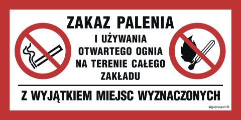 Znak NC139 Zakaz palenia i używania otwartego ognia na terenie całego obiektu z wyjątkiem miejsc wyznaczonych, 200x100 mm, FN - Znak NC139 Zakaz palenia i używania otwartego ognia na terenie całego obiektu z wyjątkiem miejsc wyznaczonych, 200x100 mm, FN -