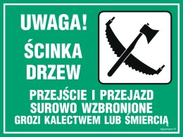 Znak OB003 Uwaga! Ścinka drzew - przejście i przejazd surowo wzbroniony, 400x300 mm, PN - Płyta 1 mm