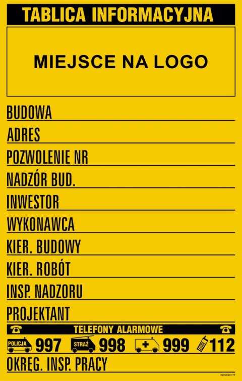 Tablica OA209 Budowlana tablica informacyjna z miejscem na logo, 700x1100 mm, BN - Płyta żółta 0,6mm Tablica OA209 Budowlana tablica informacyjna z miejscem na logo, 700x1100 mm, BN - Płyta żółta 0,6mm
