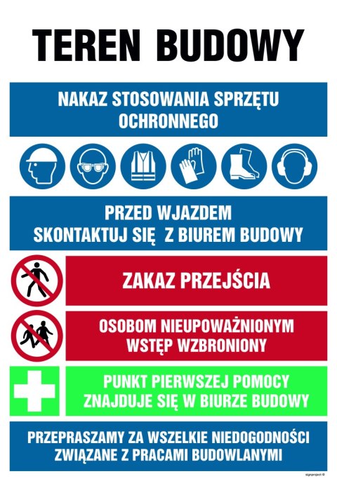 Tablica OI004 Teren budowy, Nakaz stosowania sprzętu ochronnego, przed wjazdem skonsultuj się z biurem budowy, Zak, 700x1050 mm, Tablica OI004 Teren budowy, Nakaz stosowania sprzętu ochronnego, przed wjazdem skonsultuj się z biurem budowy, Zak, 700x1050 mm,