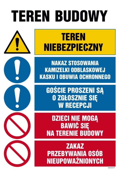 Tablica OI005 Teren niebezpieczny, Nakaz stosowania kamizelki odblaskowej, kasku i obuwia ochronnego, Goście prosz, 700x1050 mm, Tablica OI005 Teren niebezpieczny, Nakaz stosowania kamizelki odblaskowej, kasku i obuwia ochronnego, Goście prosz, 700x1050 mm,