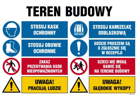 Tablica OI020 Teren budowy, Uwaga! Praca ciężonny, Stosuj kamizelkę odblaskową, Stosuj obuwie ochronne, Goście pro, 1050x700 mm, Tablica OI020 Teren budowy, Uwaga! Praca ciężonny, Stosuj kamizelkę odblaskową, Stosuj obuwie ochronne, Goście pro, 1050x700 mm,