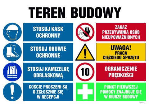 Tablica OI023 Teren budowy, Stosuj kask ochronny, Zakaz przebywania osób nieupoważnionych, Stosuj obuwie ochronne,, 1000x750 mm, Tablica OI023 Teren budowy, Stosuj kask ochronny, Zakaz przebywania osób nieupoważnionych, Stosuj obuwie ochronne,, 1000x750 mm,
