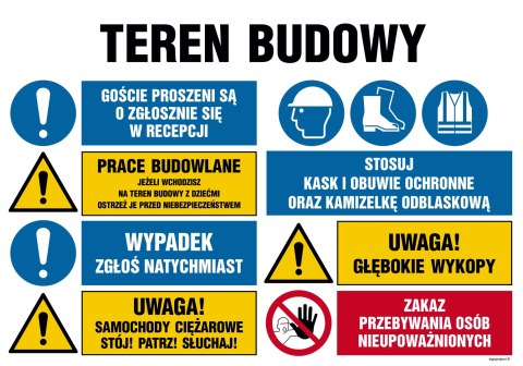 Tablica OI024 Teren budowy, Goście proszeni są o zgłoszenie się w reccepcji, Prace budowlane, jeżeli wchodzisz na, 1000x750 mm, Tablica OI024 Teren budowy, Goście proszeni są o zgłoszenie się w reccepcji, Prace budowlane, jeżeli wchodzisz na, 1000x750 mm,